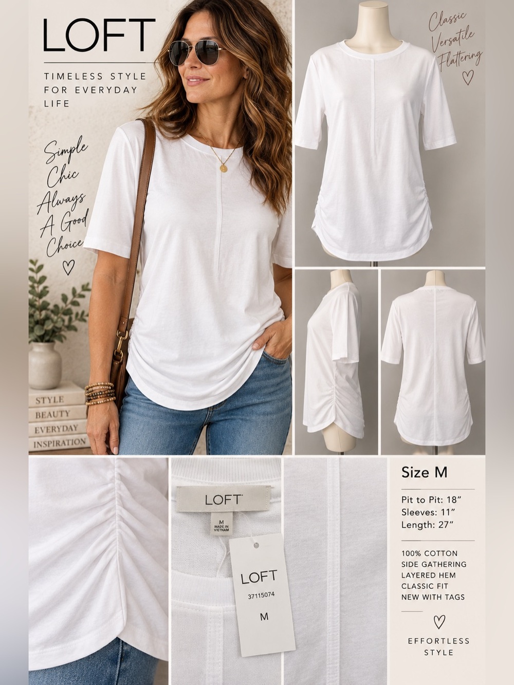 LOFT White Ruched Side Layered Cotton Tunic Top Size M NWT